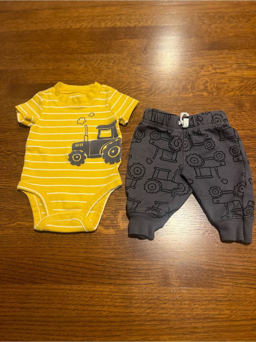 Carters size 3 months yellow Striped Tractor onesie with Gray print joggers